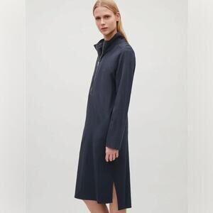 Cos Quiet Luxury Navy Blue Wool Funnel Neck Midi Dress (2)